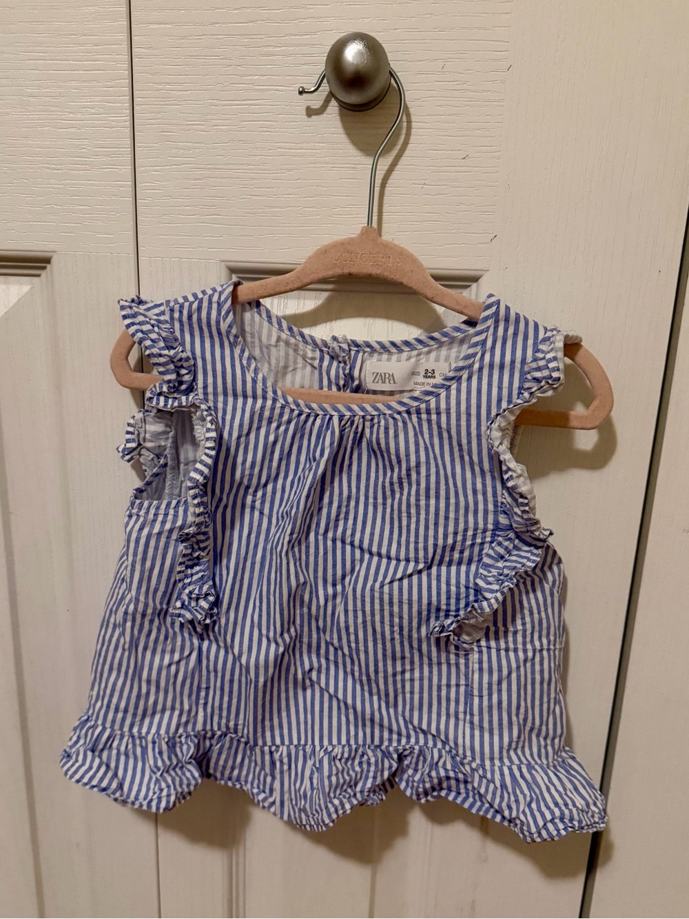 Zara White and Blue Striped Ruffle Tank Top